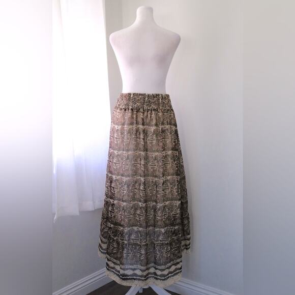 Brown & Cream Abstract Print Elastic Waist High Low Midi Skirt - Picture 6 of 7
